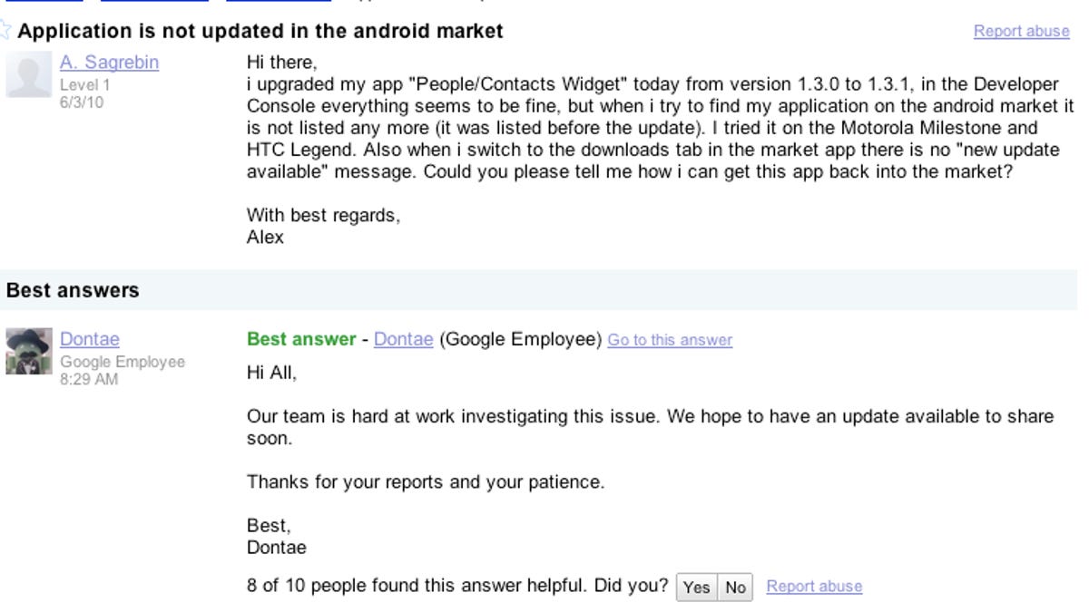 Google Android support forums