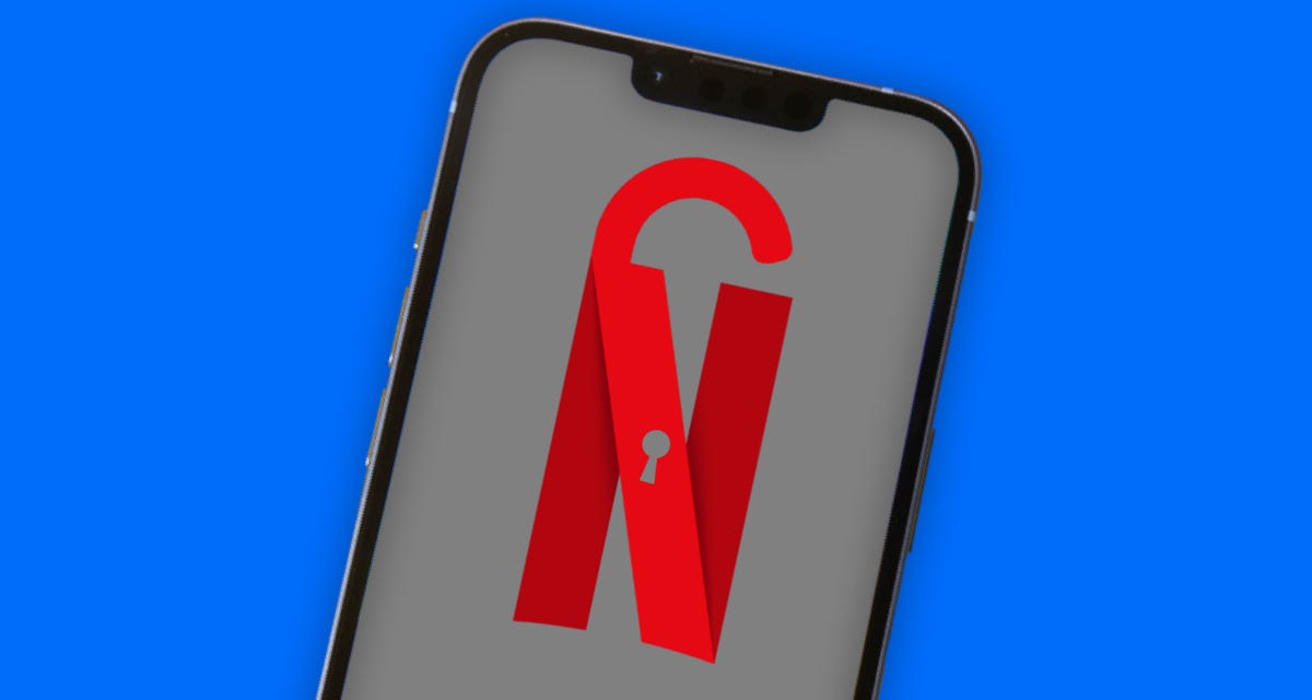An iPhone shows an illustration of the Netflix logo with a padlock shackle and a keyhole