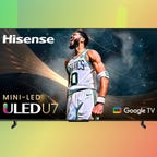 The Hisense 65-inch U7 Series QLED 4K Google TV is displayed against a gradient green, yellow and orange background.