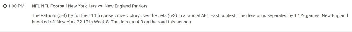 A TV program guide listing for the Patriots vs. Jets game.