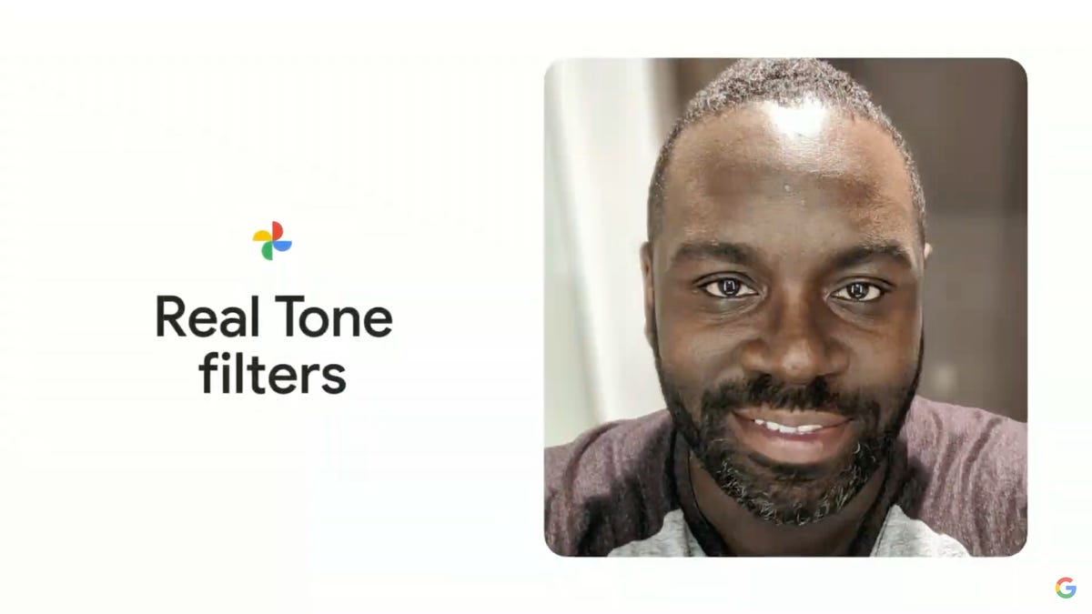 A Black man smiling next to the words Real Tone filters