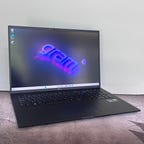 LG Gram 17 laptop at an angle against a gray wall