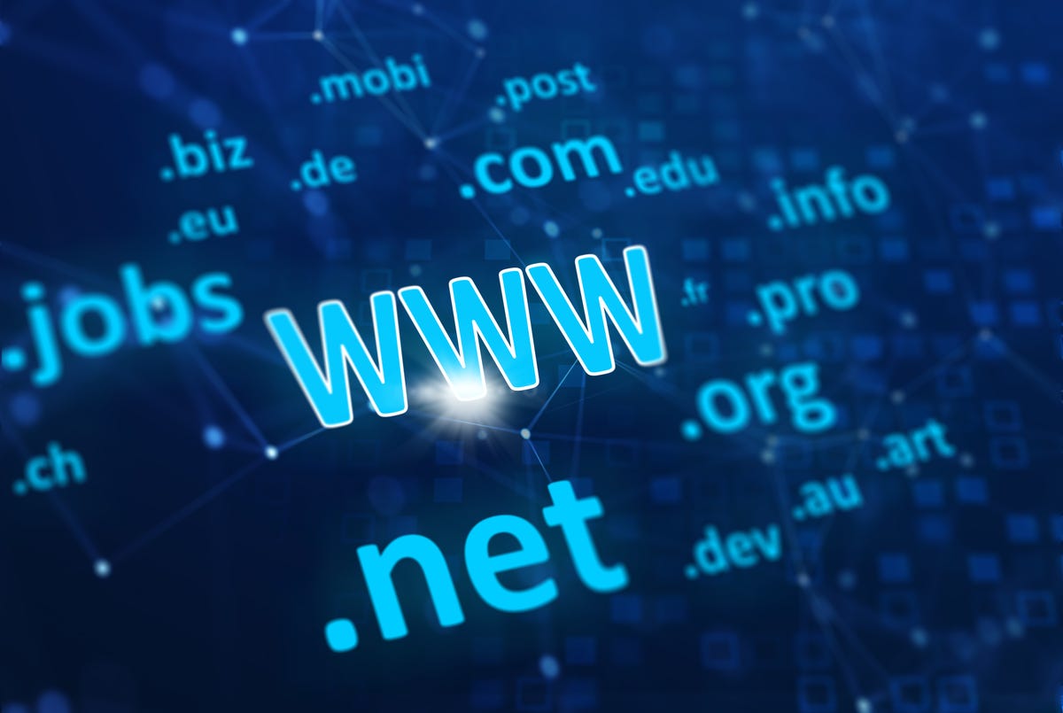A imagem mostra WWW e diversas extensões de domínio, incluindo .com, .net e .org