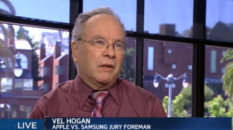 Apple-Samsung jury foreman Velgin Hogan appearing on Bloomberg TV in August.