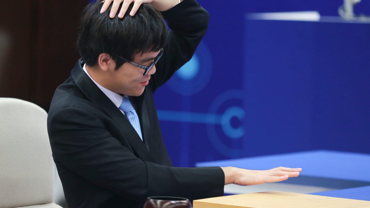 Ke Jie reacts during go game against Google's AlphaGo.