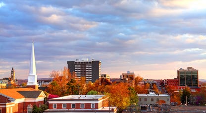 Image of downtown Fayetteville, Arkansas at sunset