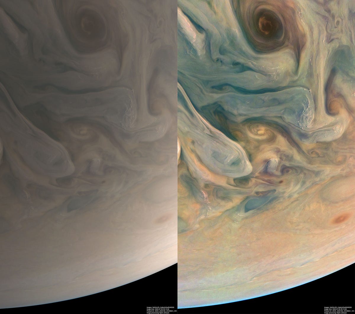 왼쪽은 목성의 부드러운 베이지색 버전입니다.  오른쪽은 파란색, 주황색 및 노란색 음영을 제외하고 동일한 이미지입니다.