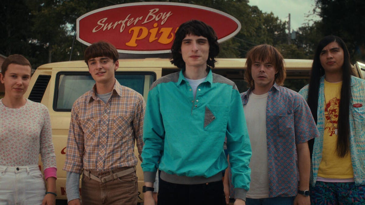 Eleven, Will, Mike, Jonathan and Argyle, in front of the Surfer Boy Pizza van
