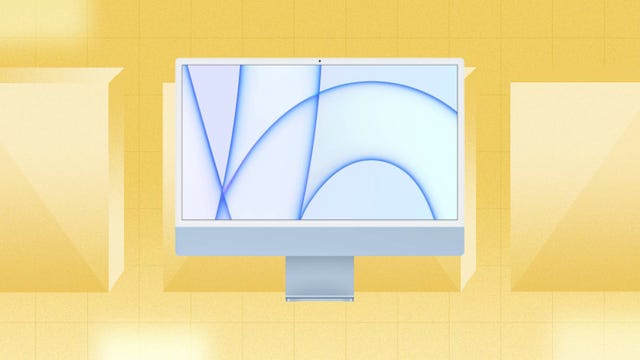 The 24-inch Apple iMac with M1 chip is displayed against a yellow background.