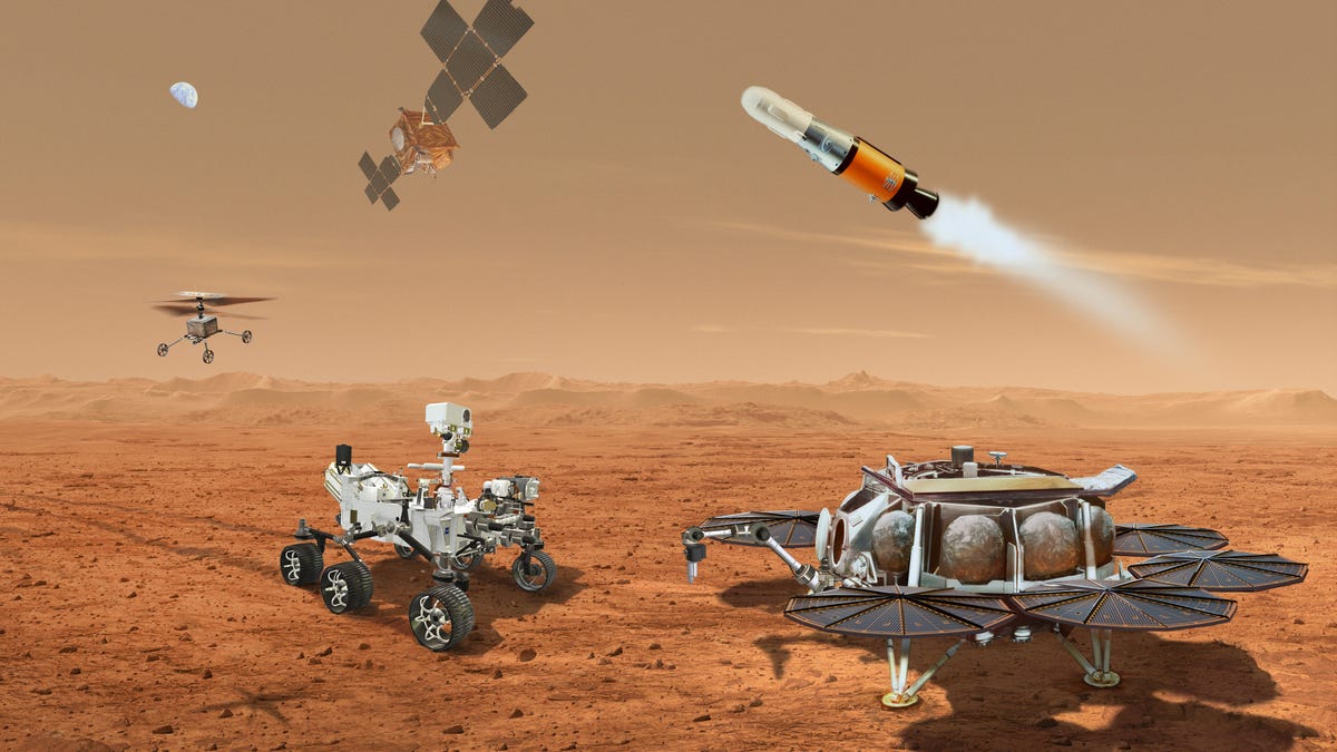 Illustration showing the Perseverance rover, a Mars helicopter with wheels, a rocket, an obiter and a lander.