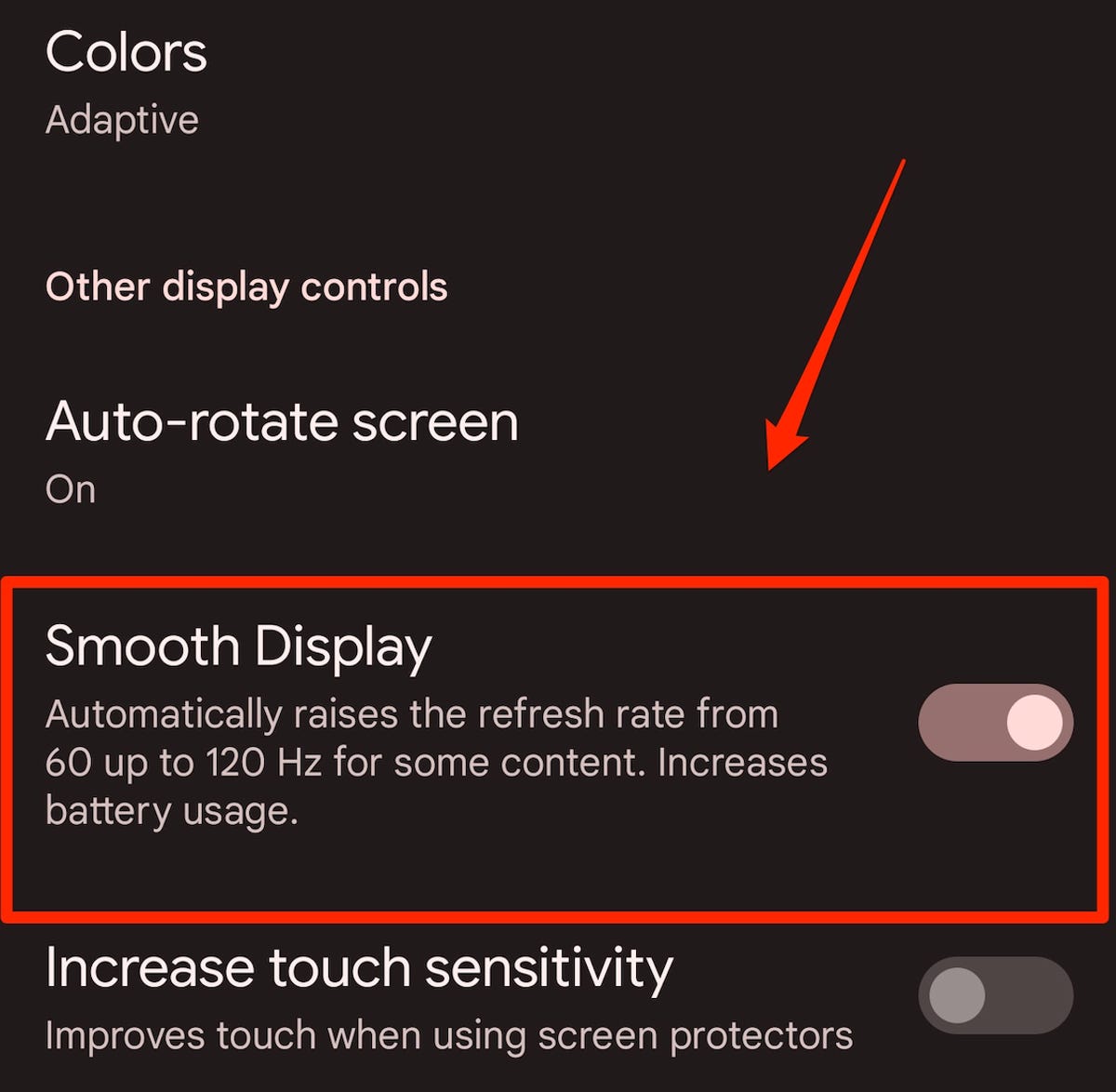 A screenshot of the Pixel's "Smooth Display" setting
