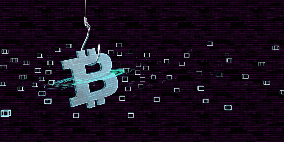Digital media illustration of the bitcoin logo on a fish hook