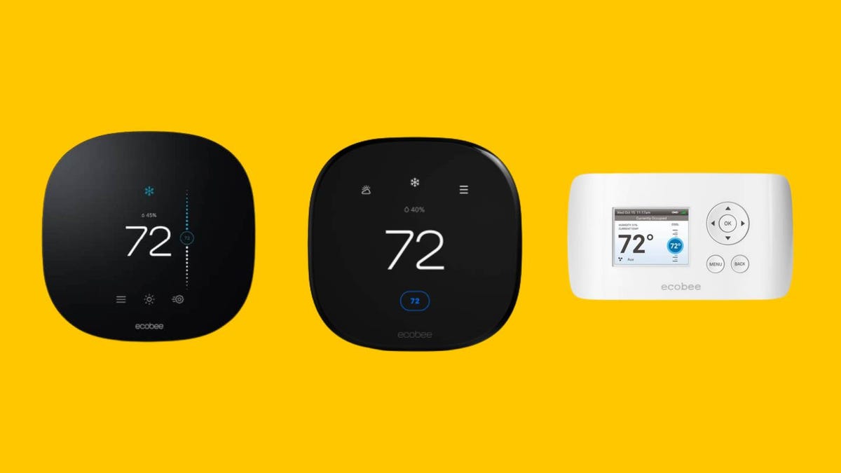 Three Ecobee smart thermostats against a yellow background.