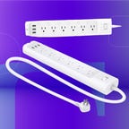 The Kasa HS300 smart power strip is displayed against a gradient purple background.