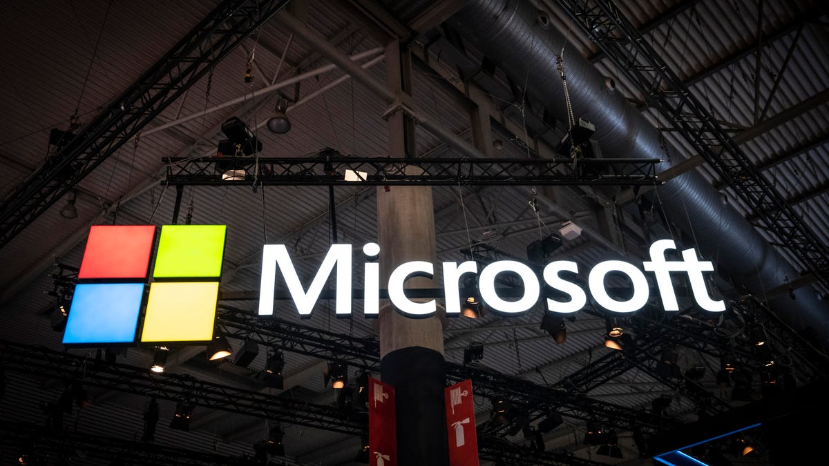 The Microsoft logo is seen during MWC 2019.The MWC2019