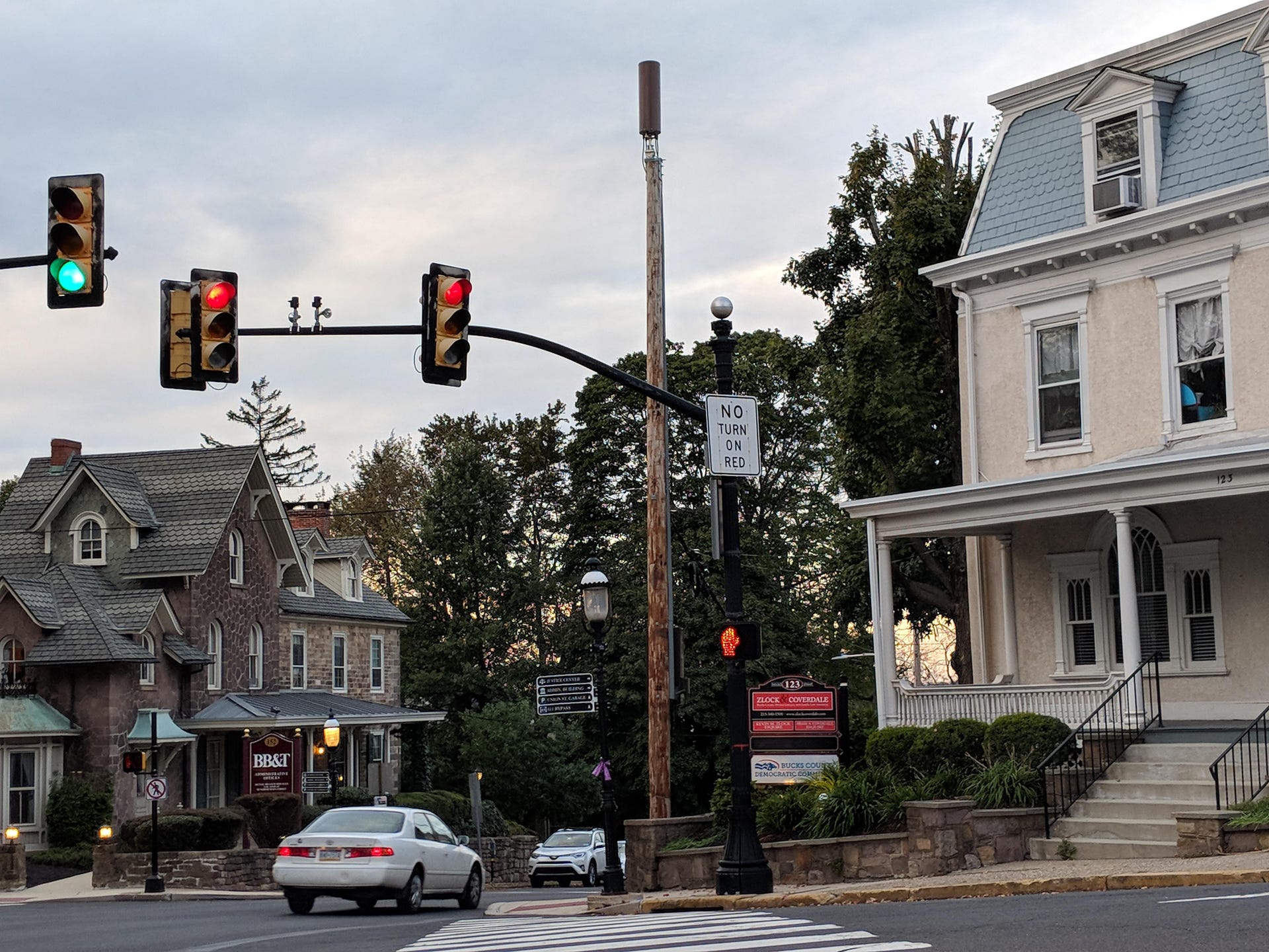 A 5G radio cell on a telephone pole on a street corner in Doylestown, Pennsylvania.