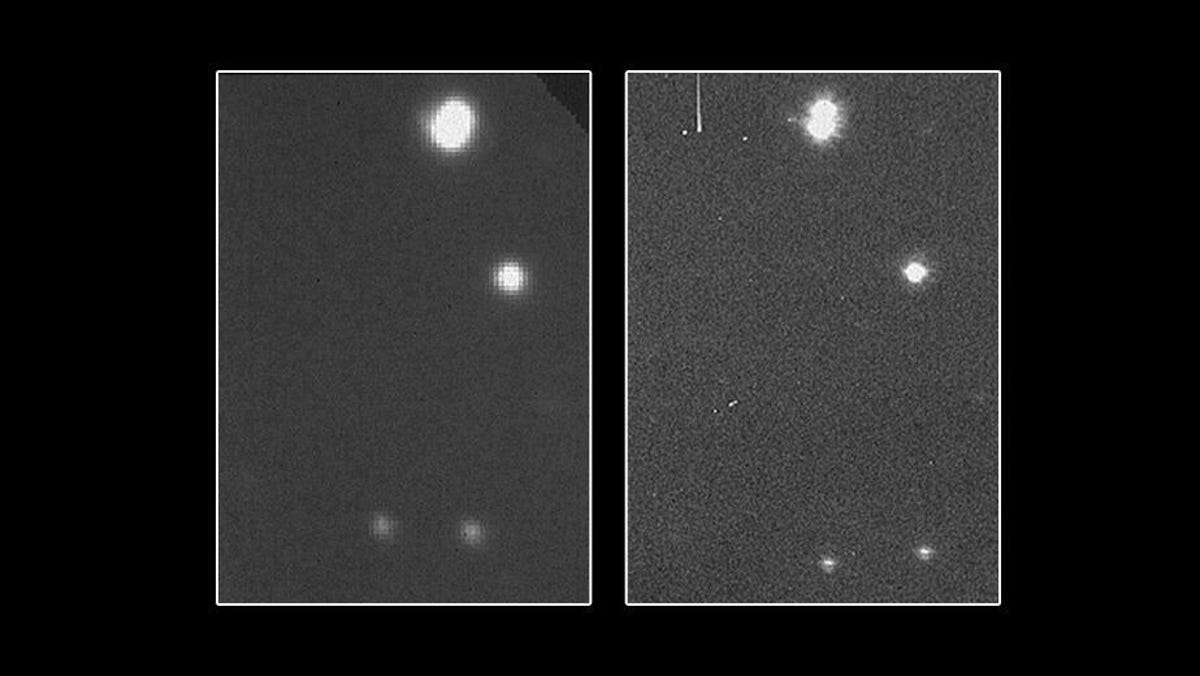 Side-by-side black and white images of stars. The stars look sharper in the image on the right.
