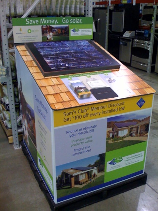 Kiosks like this one promoting household solar panels are appearing at Sam's Club stores in southern California.