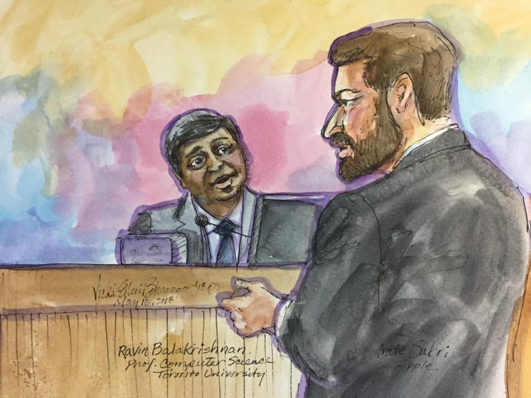 Apple attorney Nate Sabri questions University of Toronto computer scientist Ravin Balakrishnan at a US District Court trial determining Samsung damage payments for infringing an Apple patent.