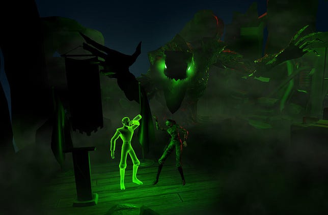 An animated Iago with glowing green eyes confronts a hologram of a male military commander, while a giant monster lurks behind them.