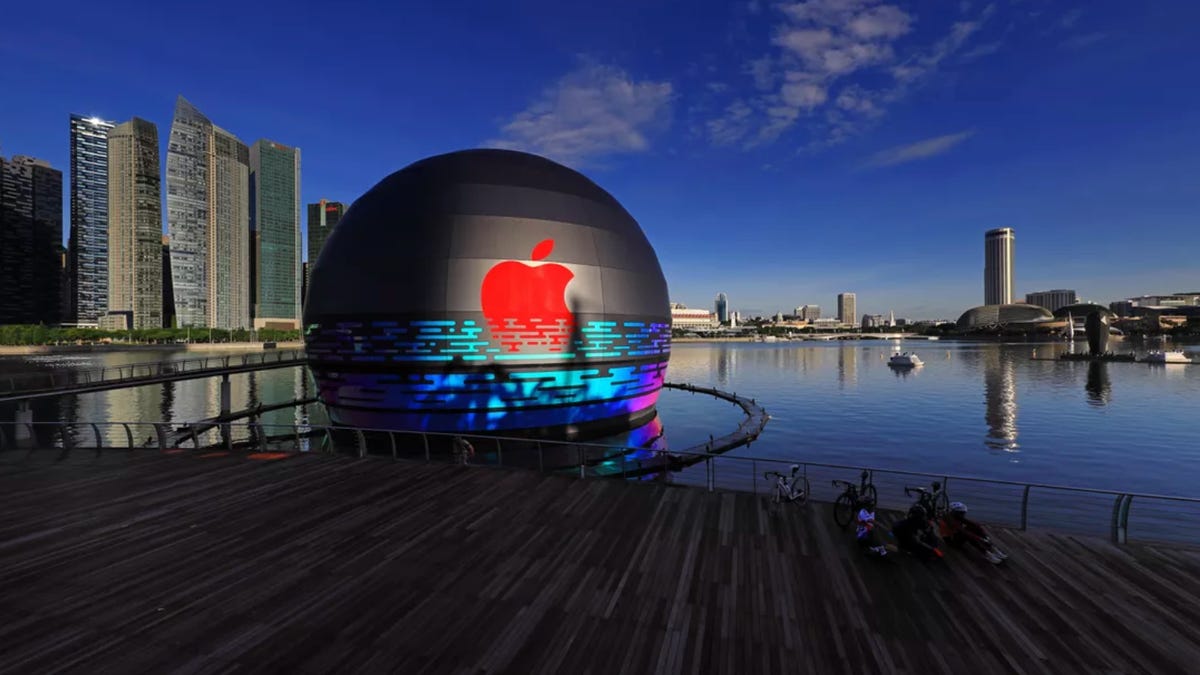 The distinctive spherical Apple Store on the waterfront in Singapore