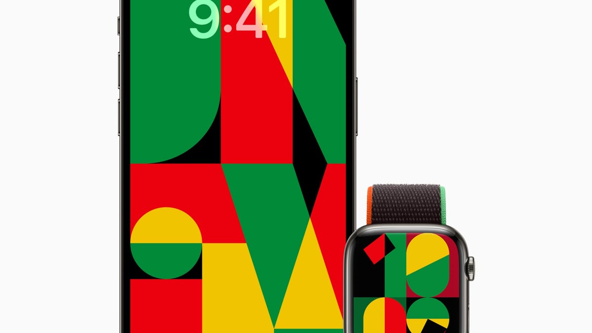 red, black, yellow and green mosaic design on Apple iphone and watch