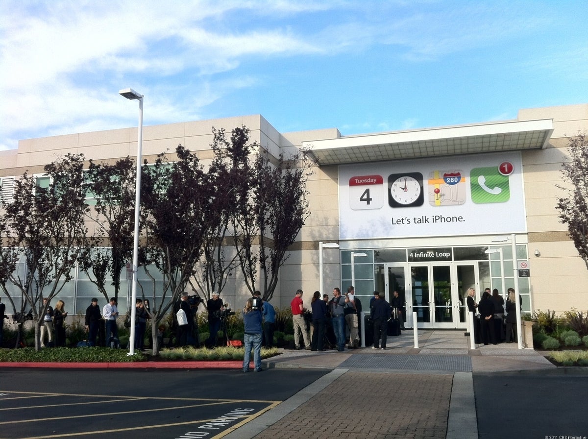 The scene Tuesday morning outside Apple headquarters in Cupertino, Calif., about an hour before the event got started.