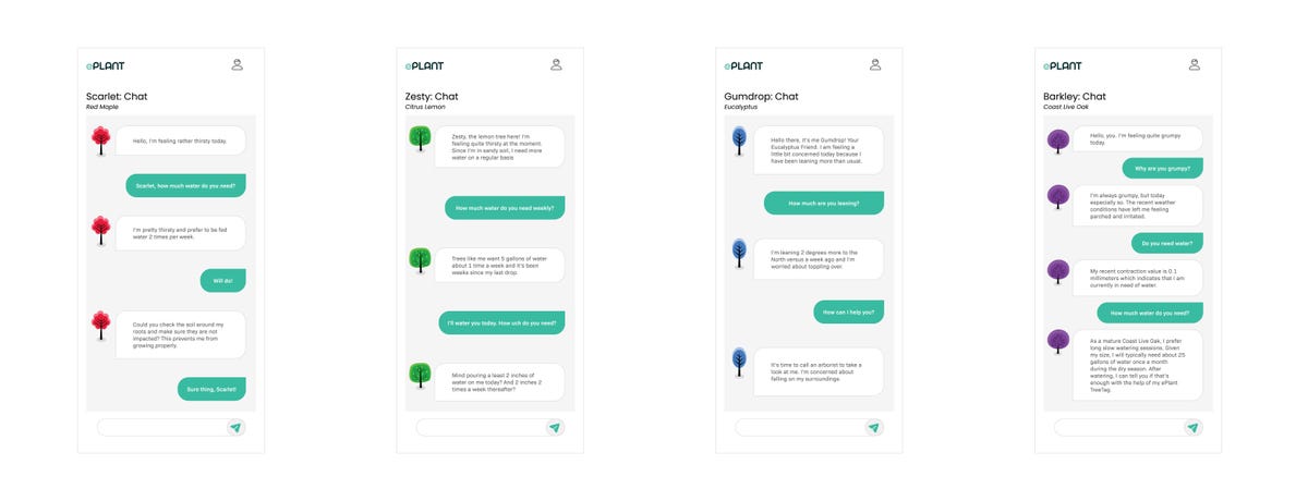 Four side-by-side images of a chat app for the ePlant TreeTag