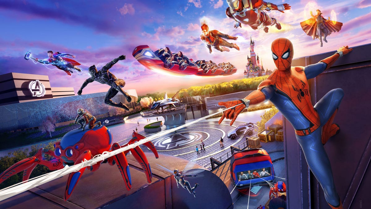 An assortment of Marvel superheroes, including Spider-Man, Iron-Man, Thor, Black Panther and Doctor Strange, against a Disneyland backdrop