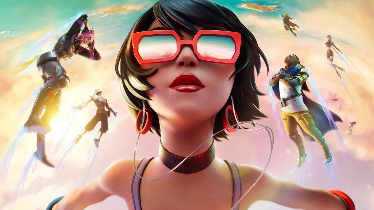 A character in Fortnite wearing sunglasses is surrounded by characters zooming through the sky
