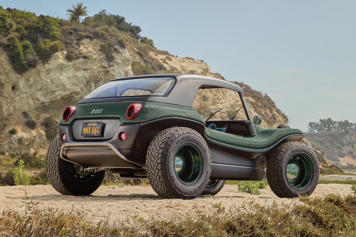Rear 3/4 view of a green Meyers Manx 2.0 Electric dune buggy
