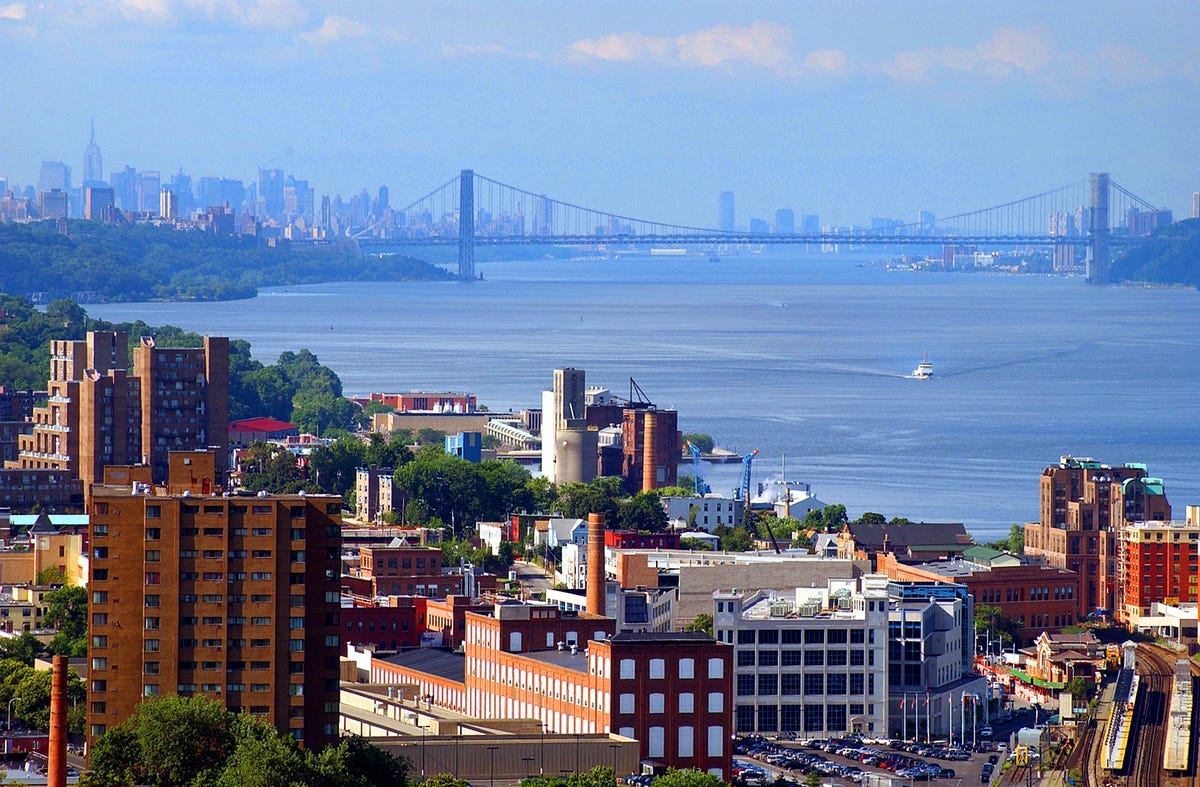 Aerial view of Yonkers, looking towards George Washington Bridge and New York City