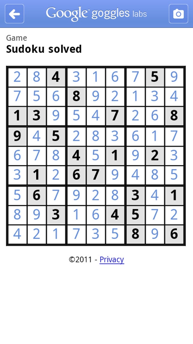 Google Goggles Sudoku solved