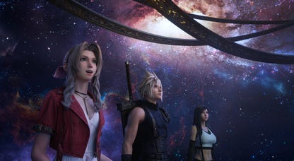 Aerith, Cloud and Tifa -- two women and a man -- stare up at a planetarium presentation, surrounded by stars and planets.