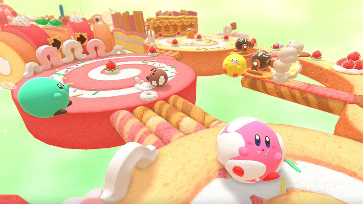 Kirby racing on a cake obstacle course