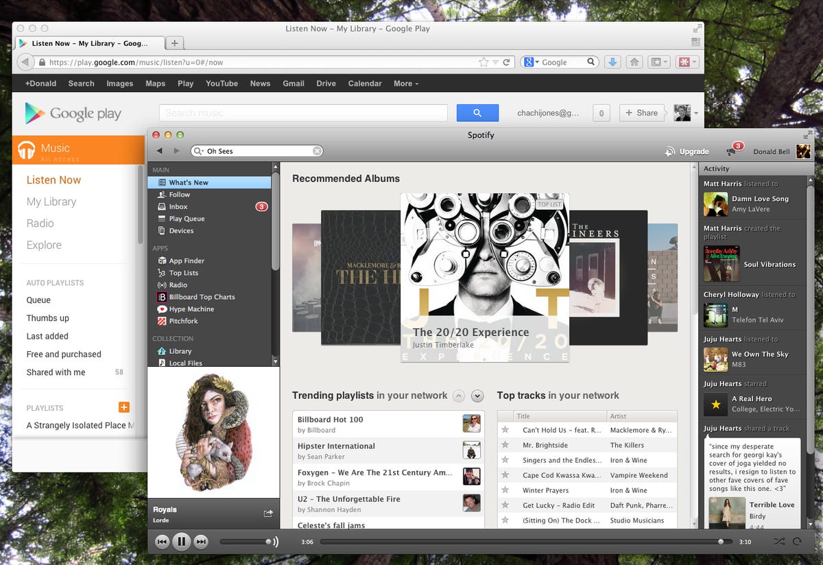Picture of Google Play Music next to Spotify desktop app.