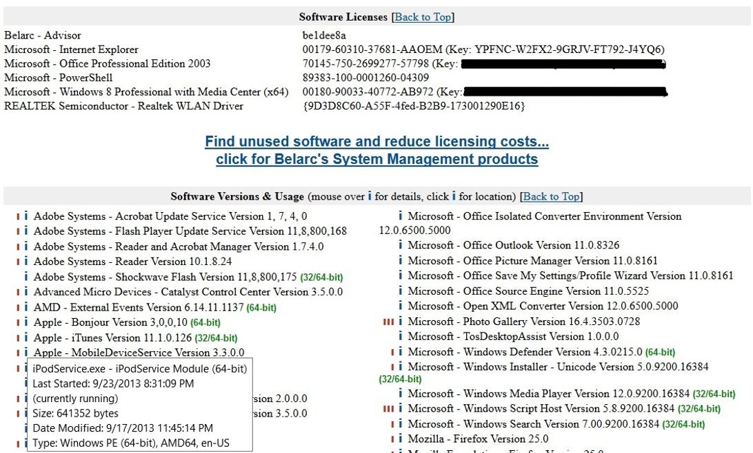 Belarc Advisor scan results for software