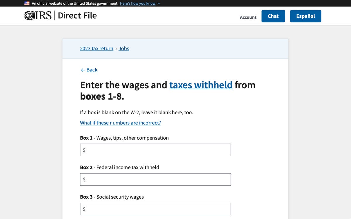 a screenshot of the IRS Direct File software showing wages information