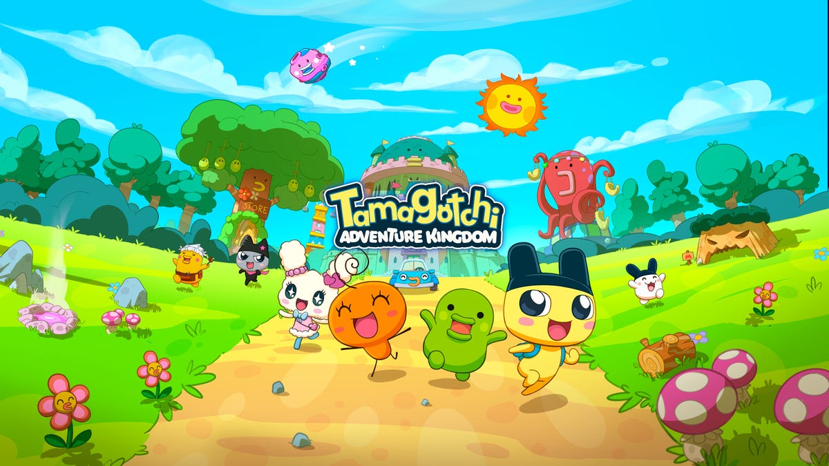 The title card for Tamagotchi Adventure Kingdom, showing four creatures running in the road