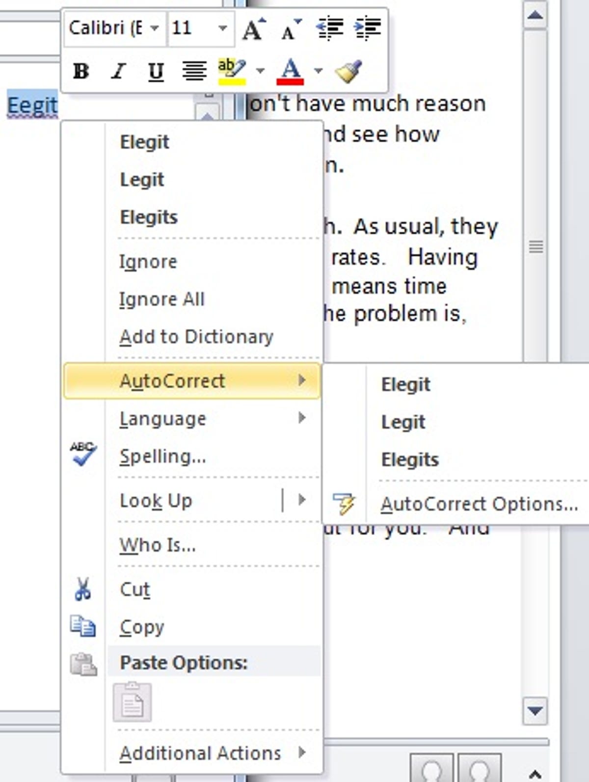Microsoft WordMail for Outlook 2010 context menu