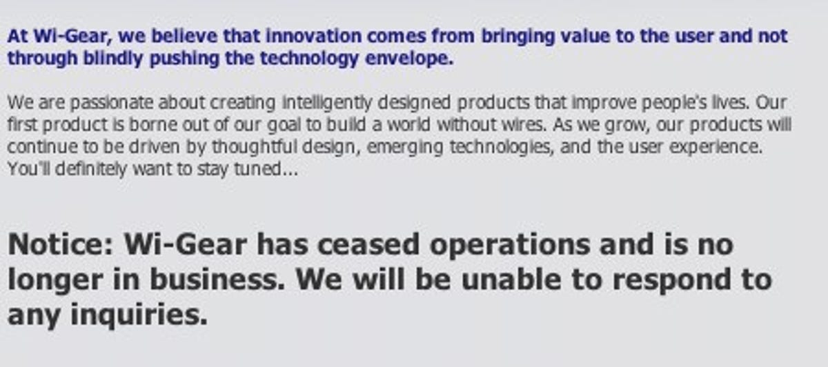 Wi-Gear's message on the company's Web site.