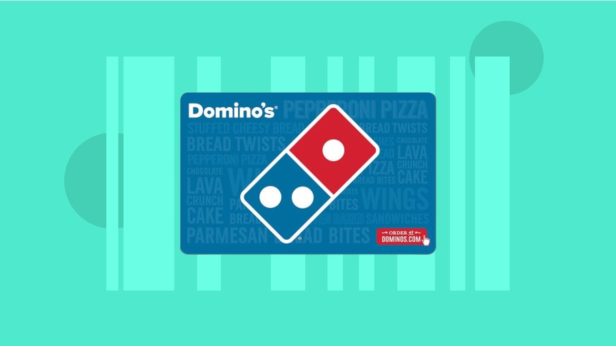 A Domino&apos;s gift card is displayed against a teal background.