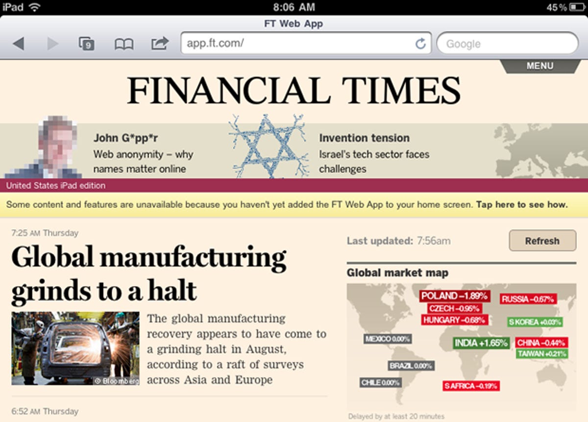 The Financial Times's Web-based app is replacing its ousted iTunes apps.