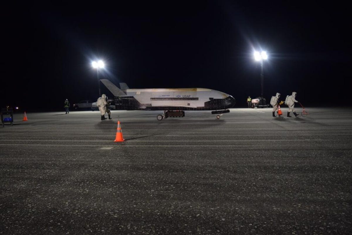 X-37B at Kennedy Space Center after nighttime landing