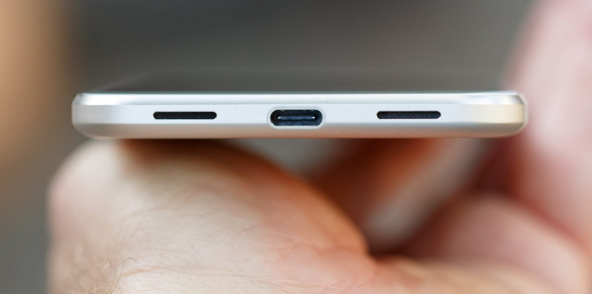 Like 2015's Nexus phones, the Google Pixel (shown) and Pixel XL sport a USB Type-C port for charging and data transfer. Alongside are two speakers on the bottom of the phone.
