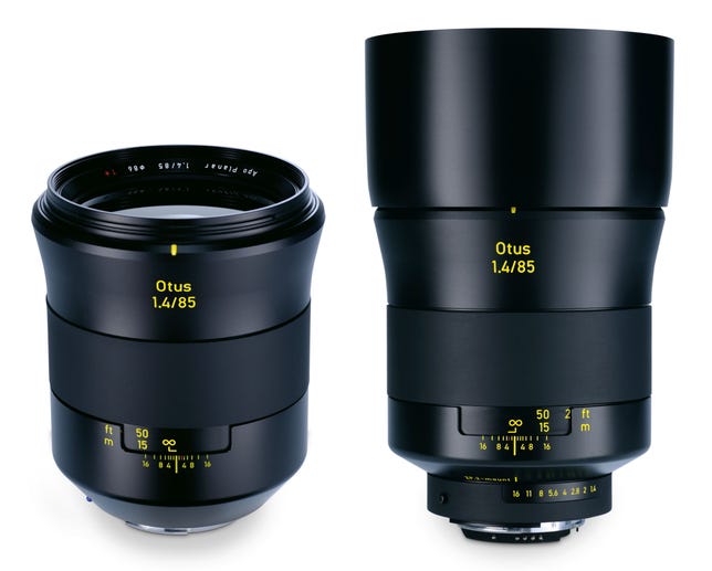 The Zeiss Otus 1.4/85, shown here with and without its lens hood, comes in versions for Canon and Nikon cameras.