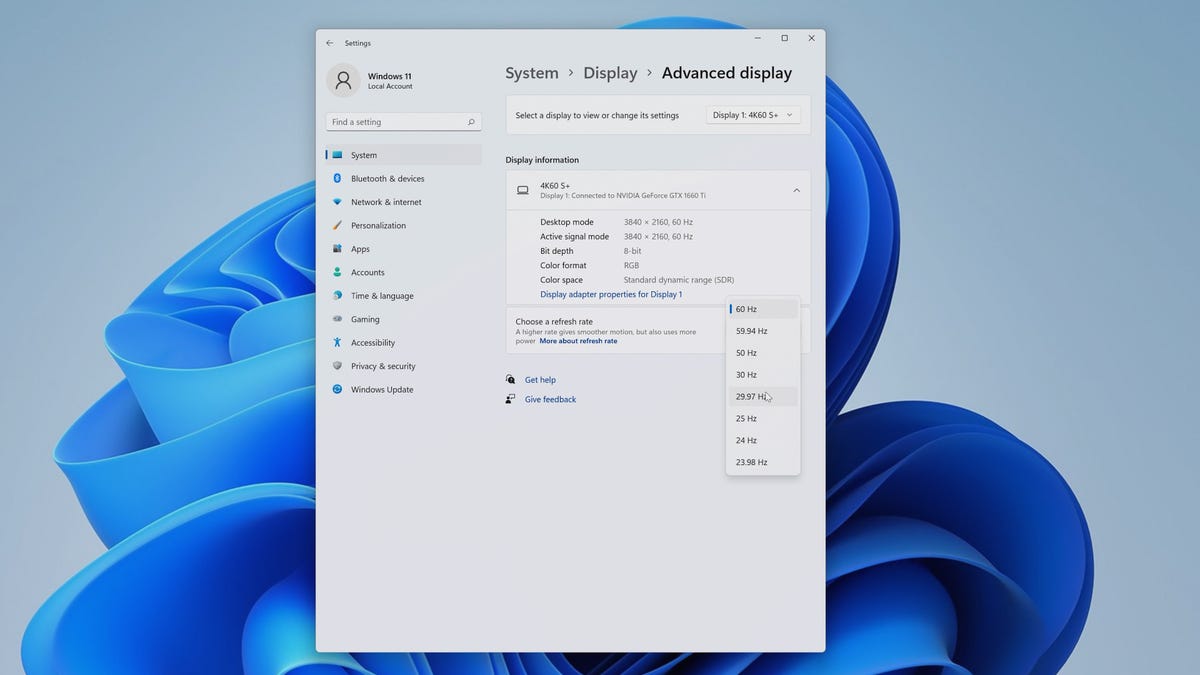Refresh rate settings on Windows 11
