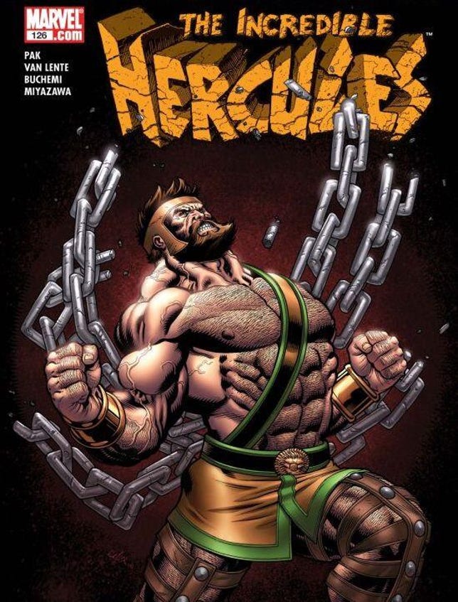 Marvel's Hercules snaps the chains binding him on the cover of The Incredible Hercules 126