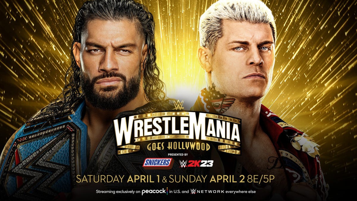 A promotional image for WrestleMania 39 featuring Roman Reigns and Cody Rhodes.