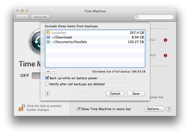 Time Machine exclude list